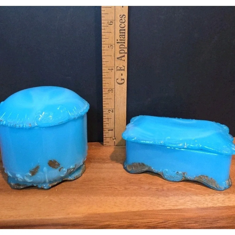 2 Antique blue slag milk glass EAPG Raised Edge Aqua Jewlery Trinket Boxes